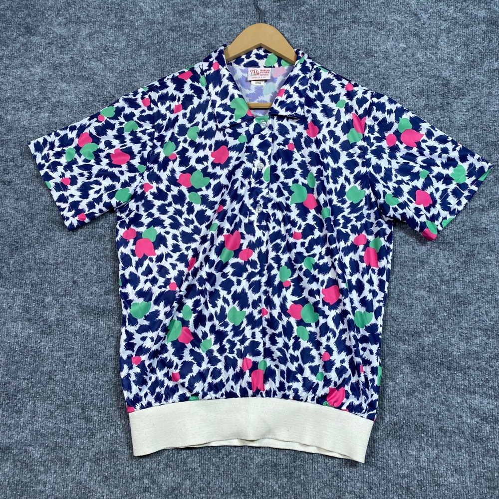 Haband For Her Vintage Short Sleeve Polo Shirt Abstract Print Blue Pink L